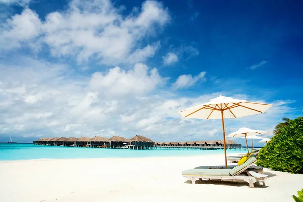 Chaises Longues Bois Sur Une Belle Plage Tropicale Aux Maldives — Photo