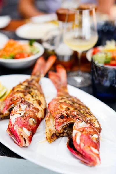 Close Delicious Grilled Fish Served Lunch White Wine — Stock Photo, Image