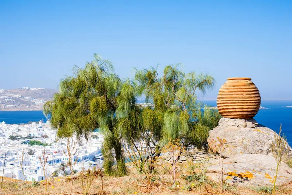 Ceramic Pot Overlooking Traditional Greek Village White Houses Mykonos Island — Stock Photo, Image