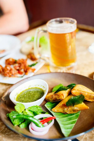 Asian Food Samosas Dipping Sauces Served Lunch — Stock Photo, Image
