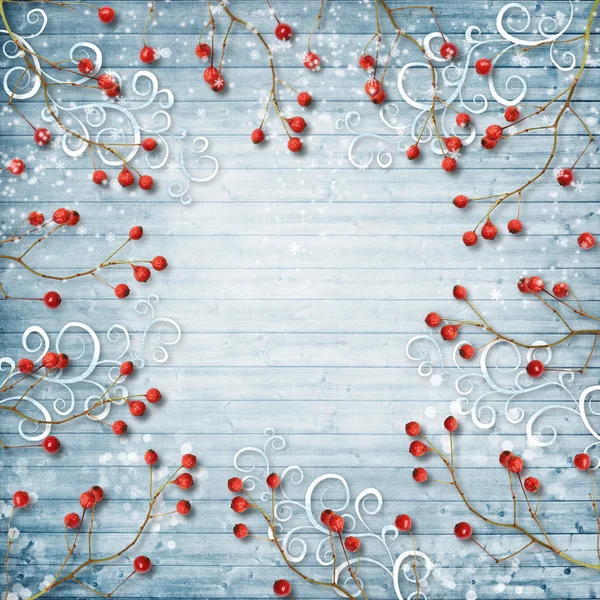 Winterkarte mit Stechpalme und Schneeflocken — Stockfoto