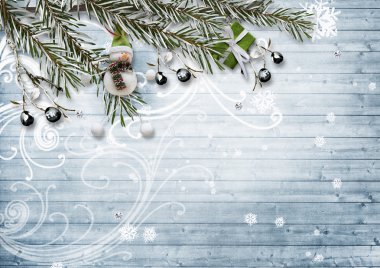 Noel kartı. Karlı köknar dalları ile,