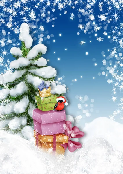 Árvore de Natal com caixas de presente e bullfinch — Fotografia de Stock