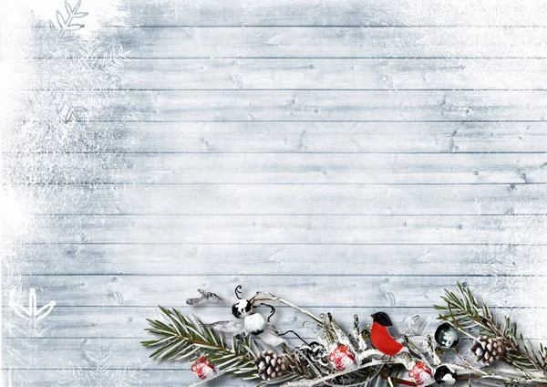 Winter background with branches, berries and bullfinch, with cop — Stock Photo, Image