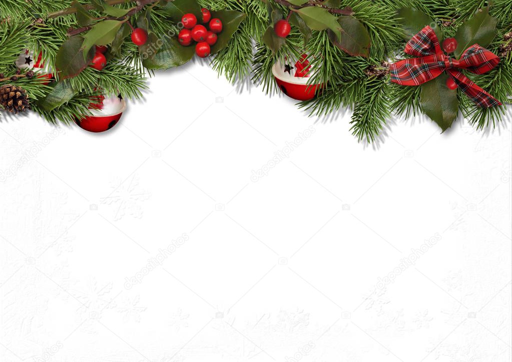 Christmas card with fir balls and holly on white background