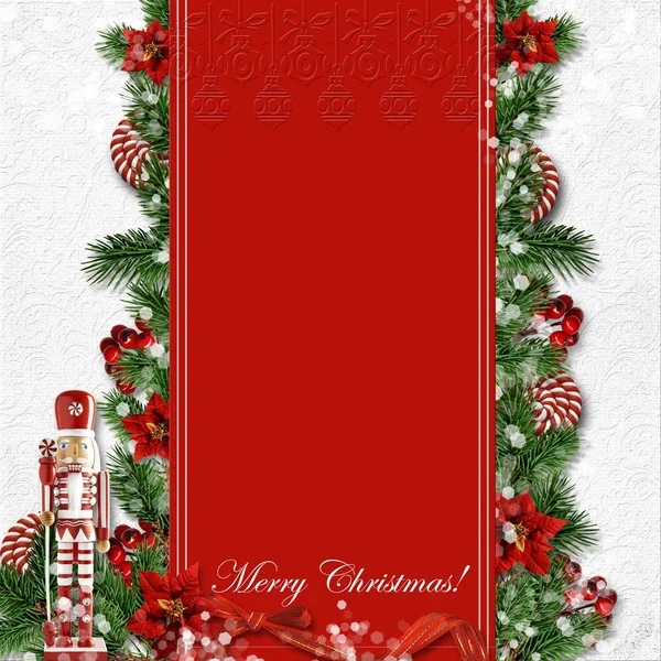 Cartão de Natal com quebra-nozes, doces, abeto, azevinho em uma hold — Fotografia de Stock