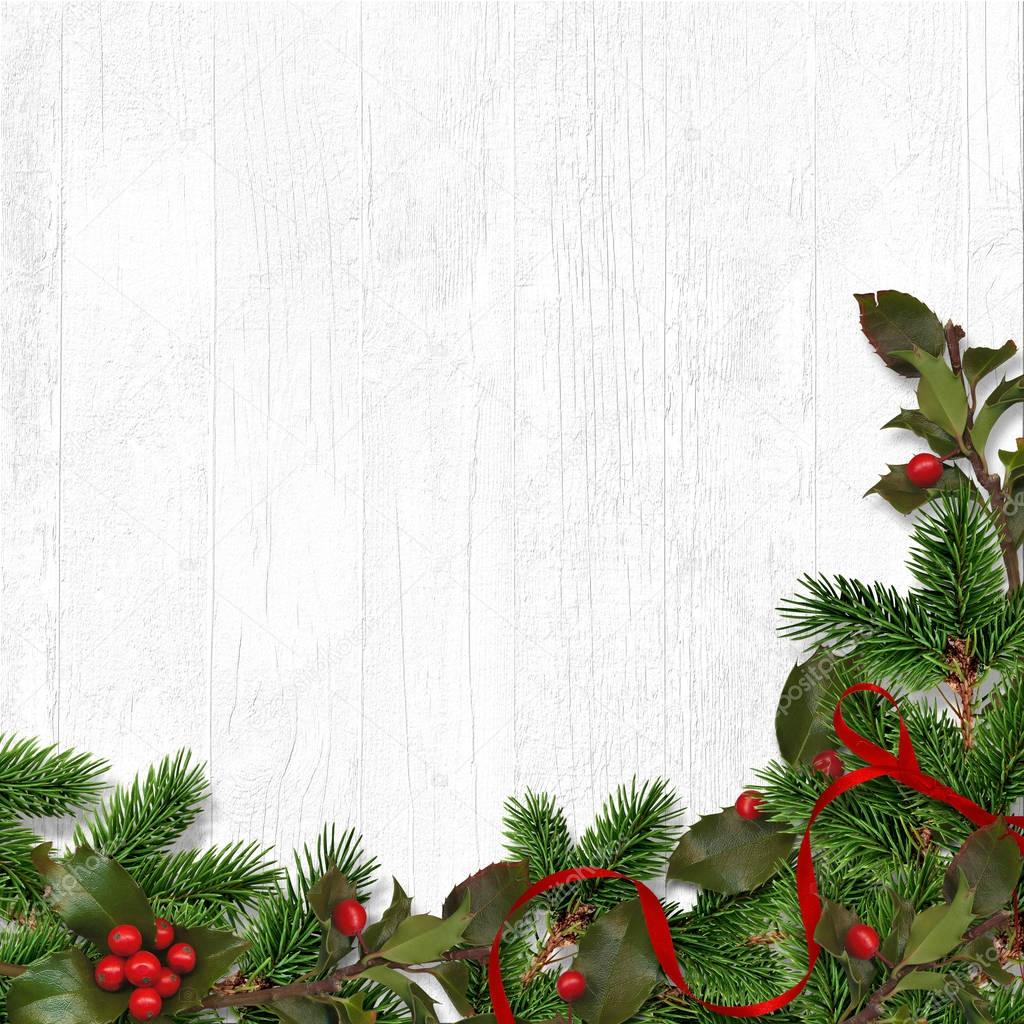 Christmas background with firtree and red berries. Greeting card