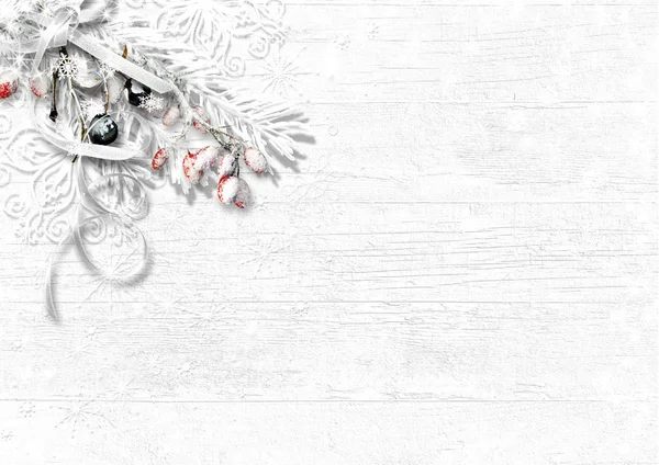 Christmas snow firtree med bär och snöflingor på vit text — Stockfoto
