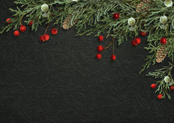 Decorazioni natalizie con agrifoglio e poinsettia su sfondo scuro — Foto Stock