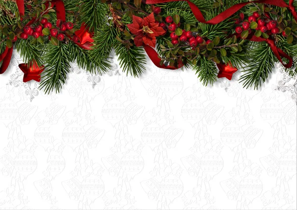 Vánoční pozadí s ohraničením holly, firtree a poinsetti — Stock fotografie