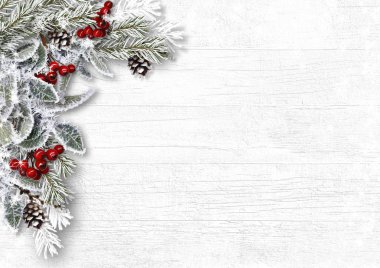 Holly ile Noel karlı dallar ve koniler Beyaz ahşap üzerine geri