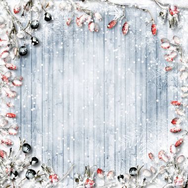 Noel arka plan. Donmuş ahşap arka plan üzerinde kırmızı ve siyah meyveleri karla kaplı