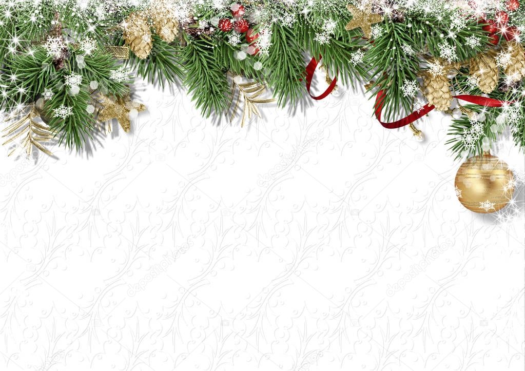 Christmas white background with holly, cone, snow and firtree