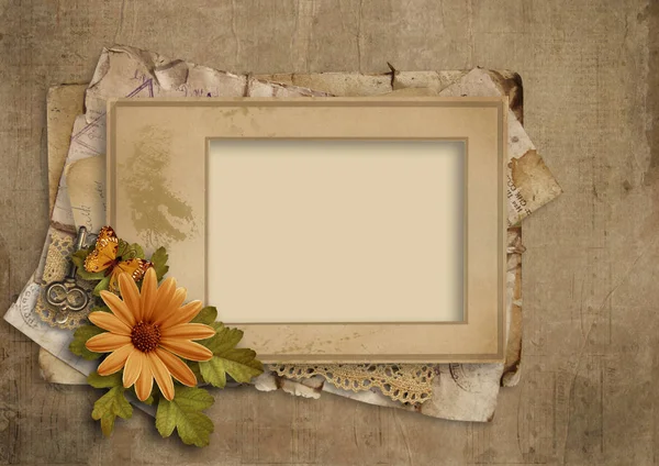 Grunge Vintage Background Old Frame Flowers — Stock Photo, Image