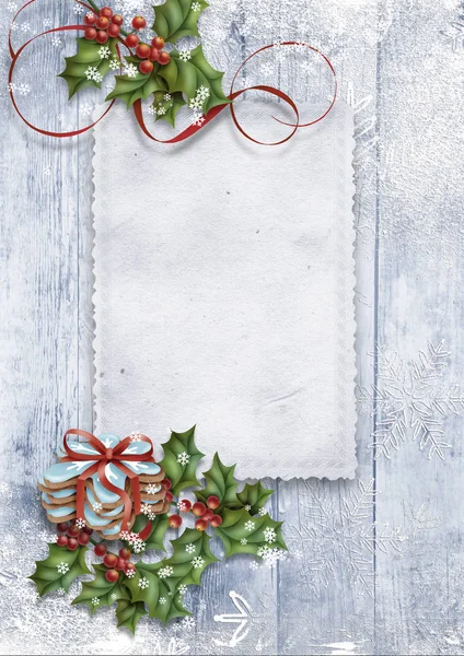 Biglietto di auguri natalizio con agrifoglio e fiocchi di neve Foto Stock