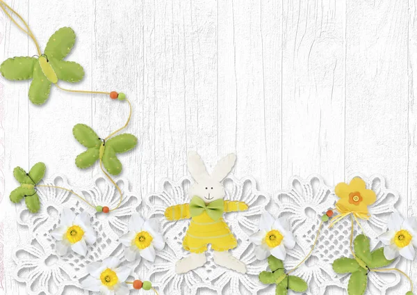 Glad Påsk Kort Med Kanin Blommor Fjäril Och Lac — Stockfoto