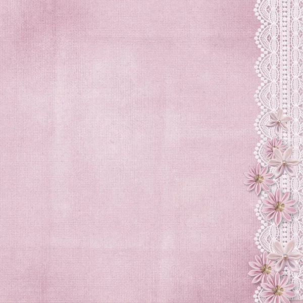 Vintage Roze Achtergrond Met Kant Handgemaakte Zijden Bloemen — Stockfoto