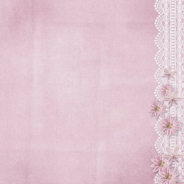 Vintage Sfondo Rosa Con Pizzo Fiori Seta Fatti Mano — Foto Stock