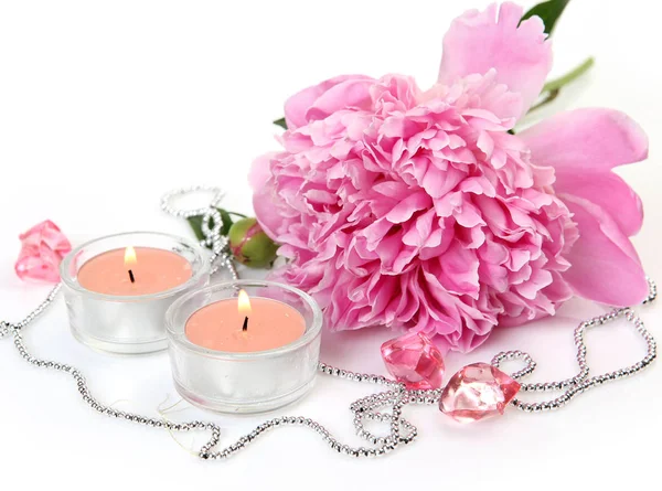 Pfingstrose und Kerzen auf weißem Hintergrund — Stockfoto
