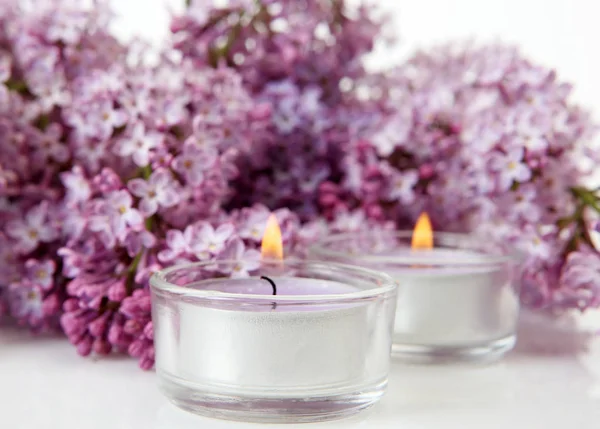 Branch Lilac Burning Candles — Stock Photo, Image