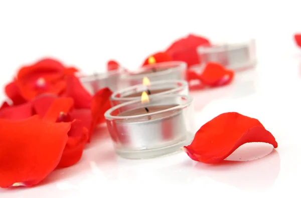 Petali di rose scarlatte e candele — Foto Stock