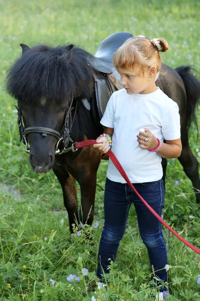 Small Girl Black Pony Royalty Free Stock Photos