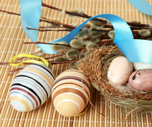 Colored Eggs Branch Blossoming Willow — Stock Photo, Image