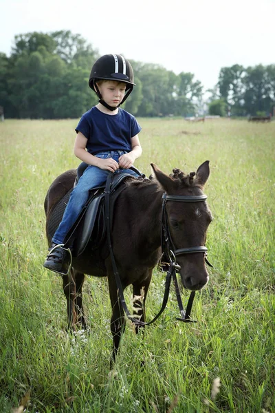 Een Jongen Een Pony Zitten — Stockfoto