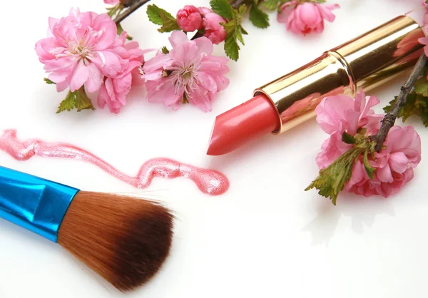 Kosmetyki dekoracyjne i gałąź kwiat wiśni — Zdjęcie stockowe