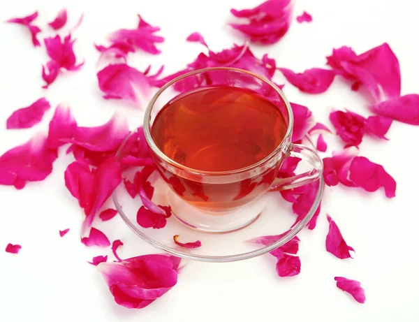 Mugg Och Rosa Pion Vit Bakgrund — Stockfoto