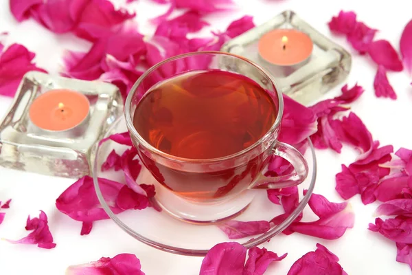 Tea Mug Peony Petals Burning Candle — Stock Photo, Image