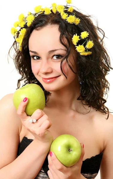 Niña Sosteniendo Dos Manzanas Verdes Imágenes de stock libres de derechos