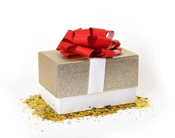 Gift Box Red Bow Golden Confetti Stock Picture