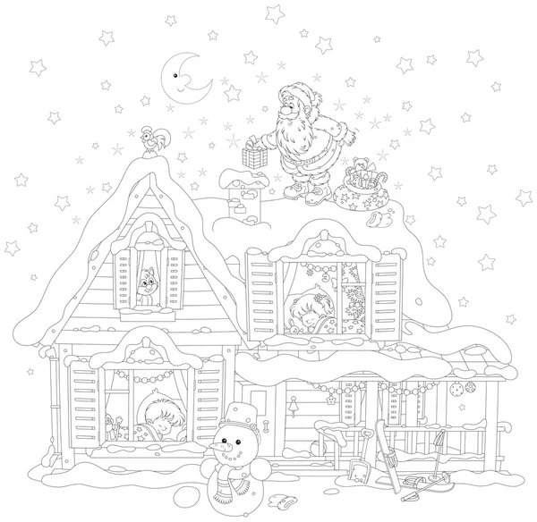 Père Noël sur le toit avec des cadeaux — Image vectorielle