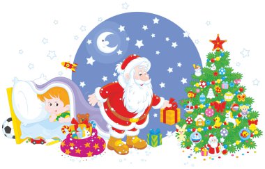 Küçük çocuk Noel Baba izliyor