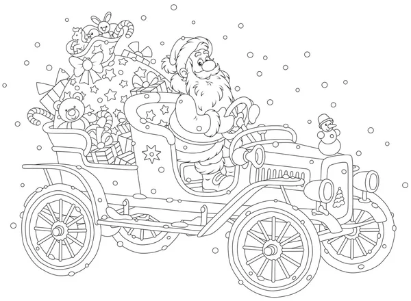 Санта за рулем автомобиля с подарками — стоковый вектор