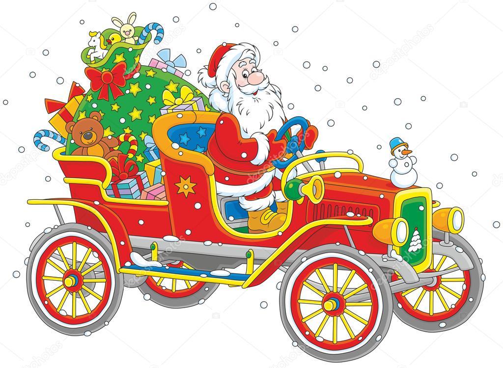 Santa driving a car with gifts