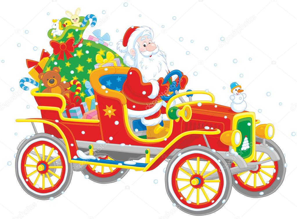 Santa driving a car with gifts