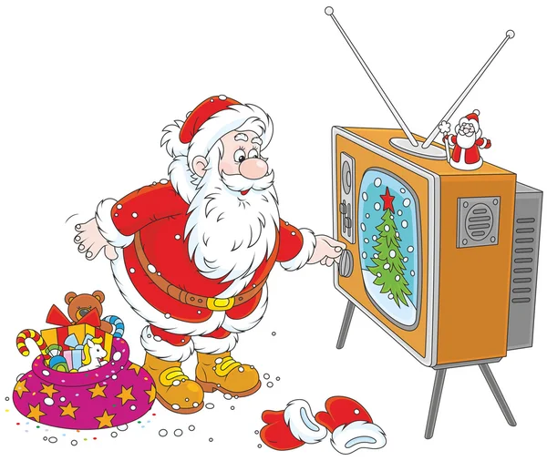 圣诞老人把他的电视打开。 — 图库矢量图片