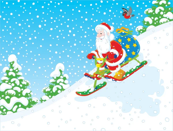 Santa montar un scooter de nieve — Vector de stock