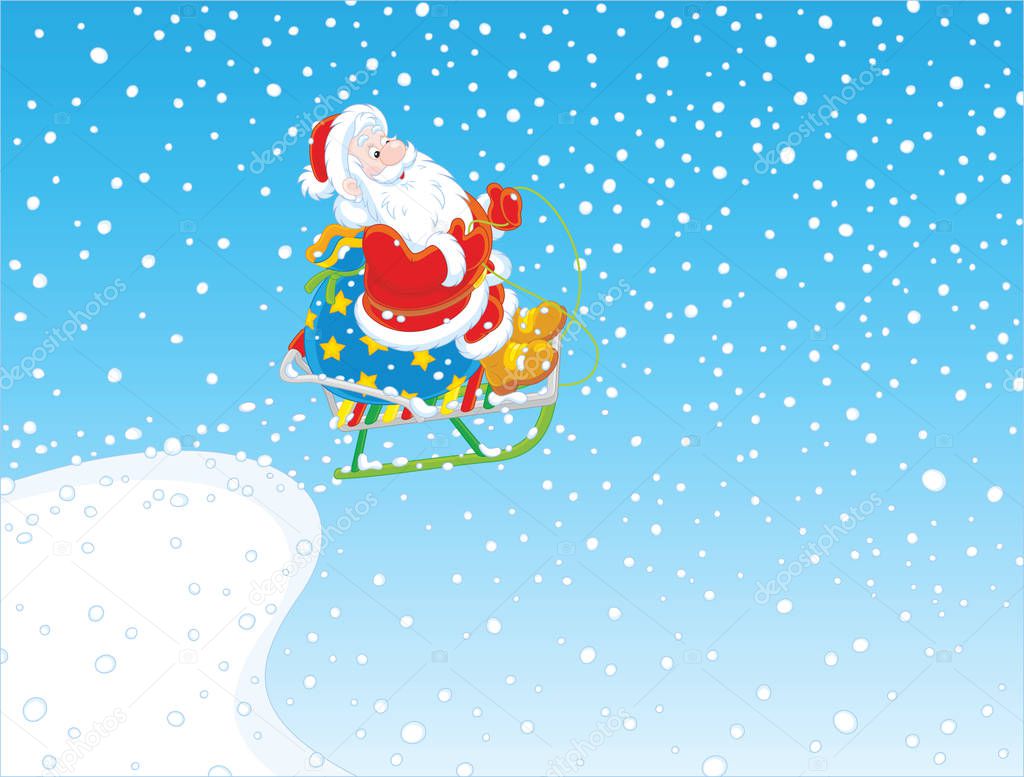 Santa flying with gifts on sled