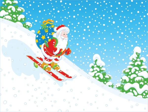 Santa esqui com presentes — Vetor de Stock