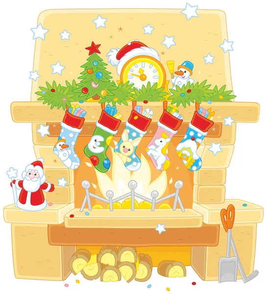 Meias de Natal sobre a lareira — Vetor de Stock
