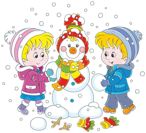 Anak-anak membuat manusia salju Natal Stok Ilustrasi Bebas Royalti