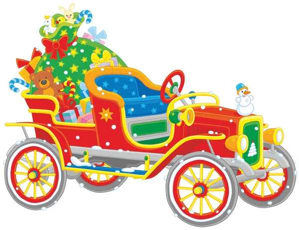 La voiture du Père Noël avec des cadeaux — Image vectorielle