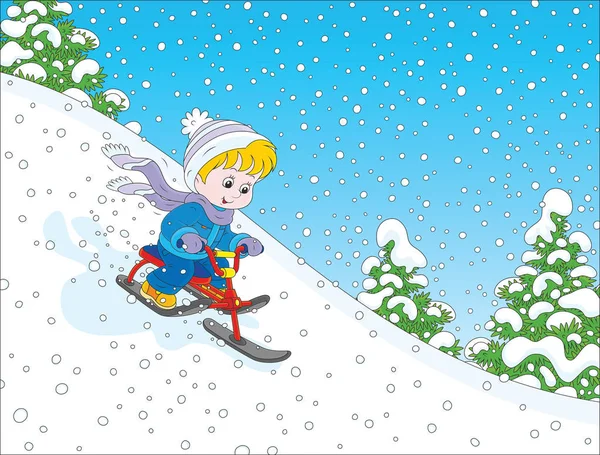 Το παιδί οδηγώντας ένα σκούτερ χιονιού — Διανυσματικό Αρχείο