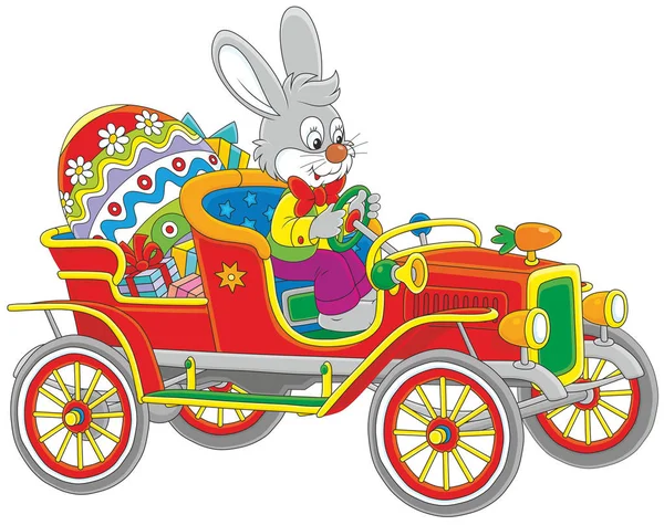Easter Bunny w jego samochód retro — Wektor stockowy