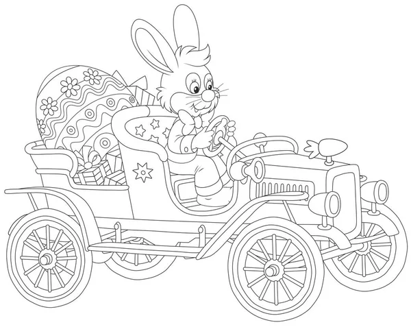 Conejo de Pascua en su coche retro — Vector de stock