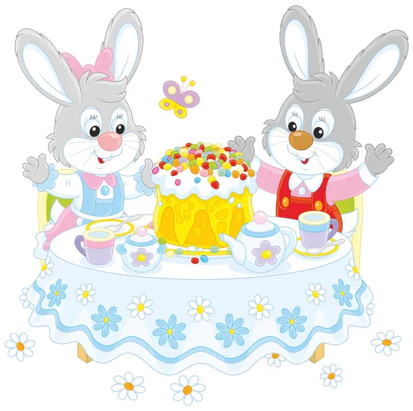 Bunnies with an Easter cake — Stock Vector