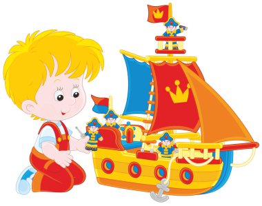 Boy playing a toy ship clipart